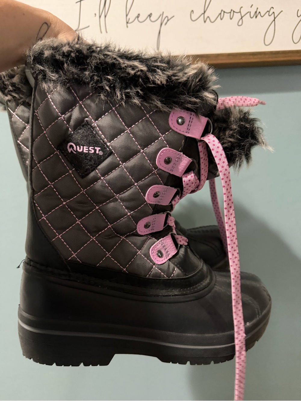 3M Thinsulate Quilted Winter Boots with Faux Fur Trim - Black & Pink